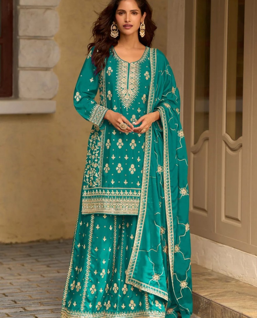 BLUE - Sea Green Chinon Readymade Salwar Suit with Embroidered, Sequins and Thread Work